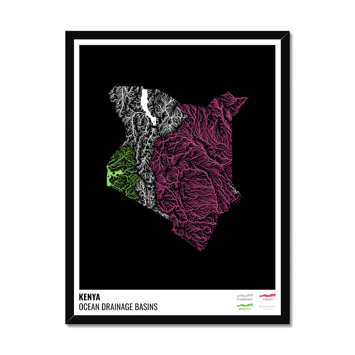 Kenia - Mapa de la cuenca hidrográfica del océano, negro con leyenda v1 - Lámina enmarcada