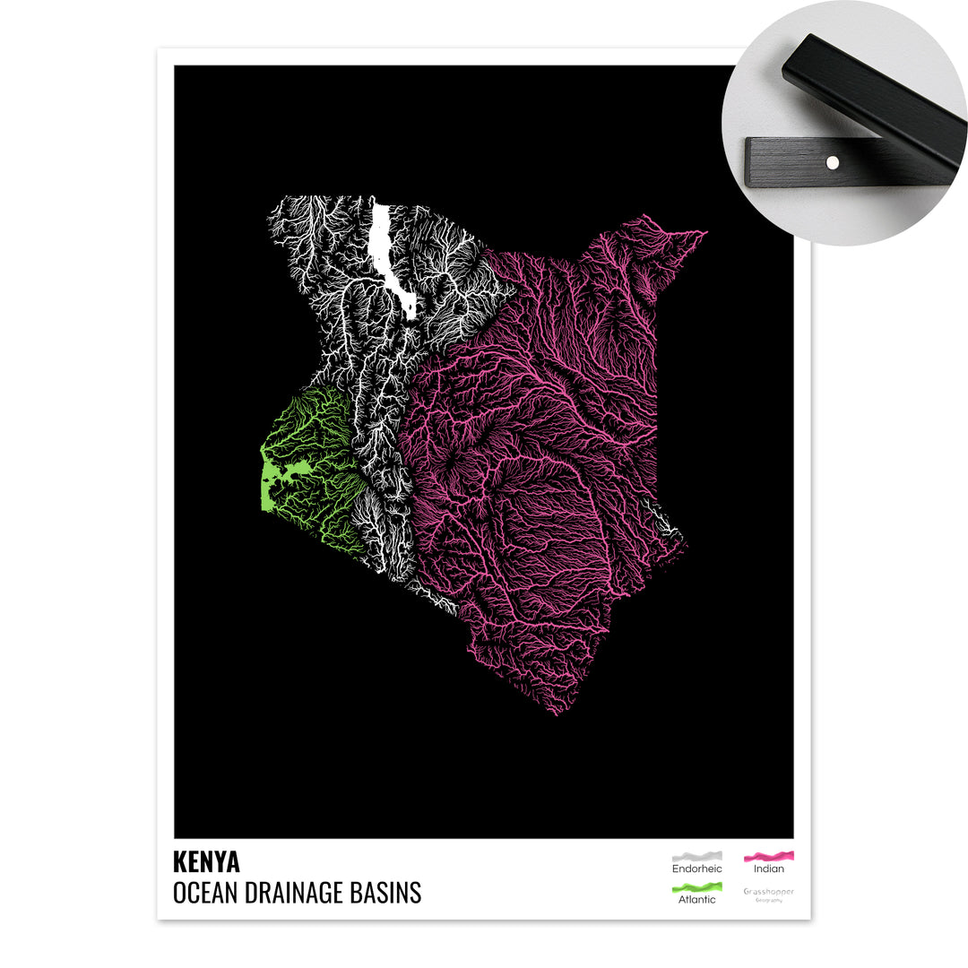 Kenya - Ocean drainage basin map, black with legend v1 - Fine Art Print with Hanger
