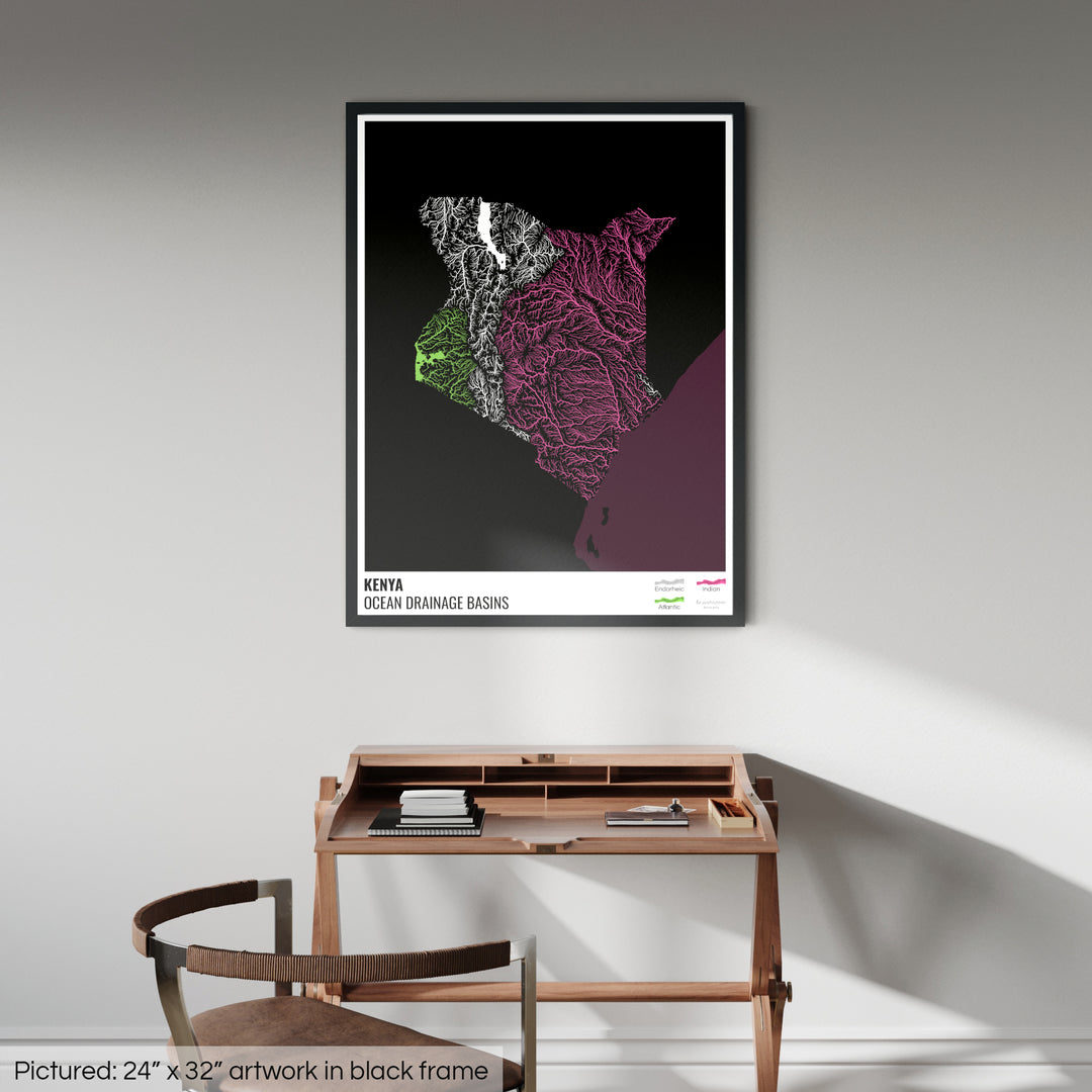 Kenia - Mapa de la cuenca hidrográfica del océano, negro con leyenda v2 - Lámina enmarcada