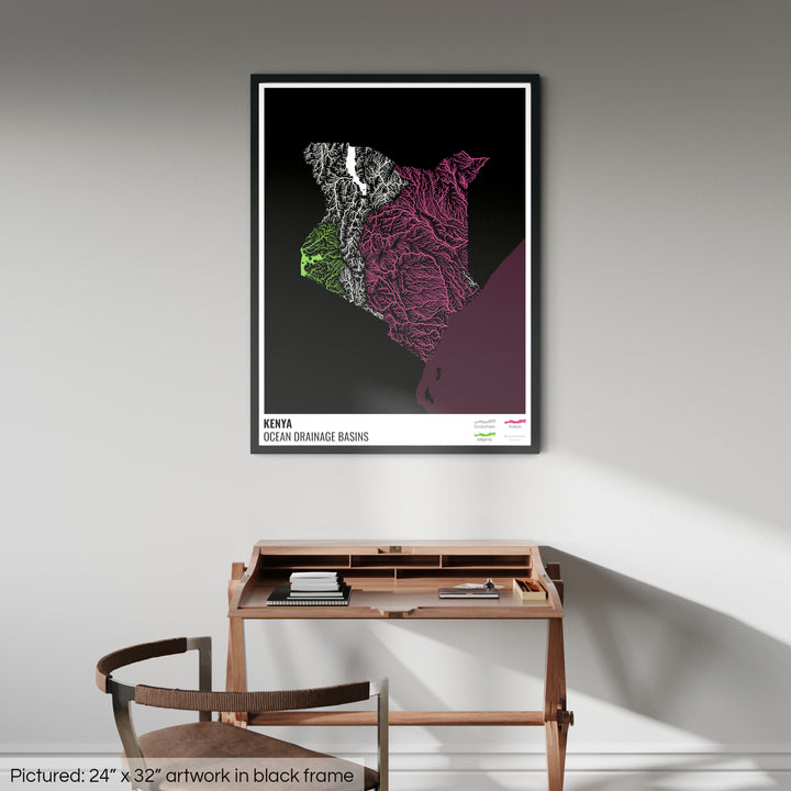 Kenia - Mapa de la cuenca hidrográfica del océano, negro con leyenda v2 - Lámina enmarcada