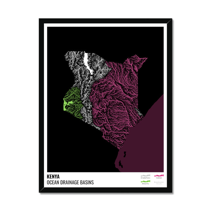 Kenia - Mapa de la cuenca hidrográfica del océano, negro con leyenda v2 - Lámina enmarcada