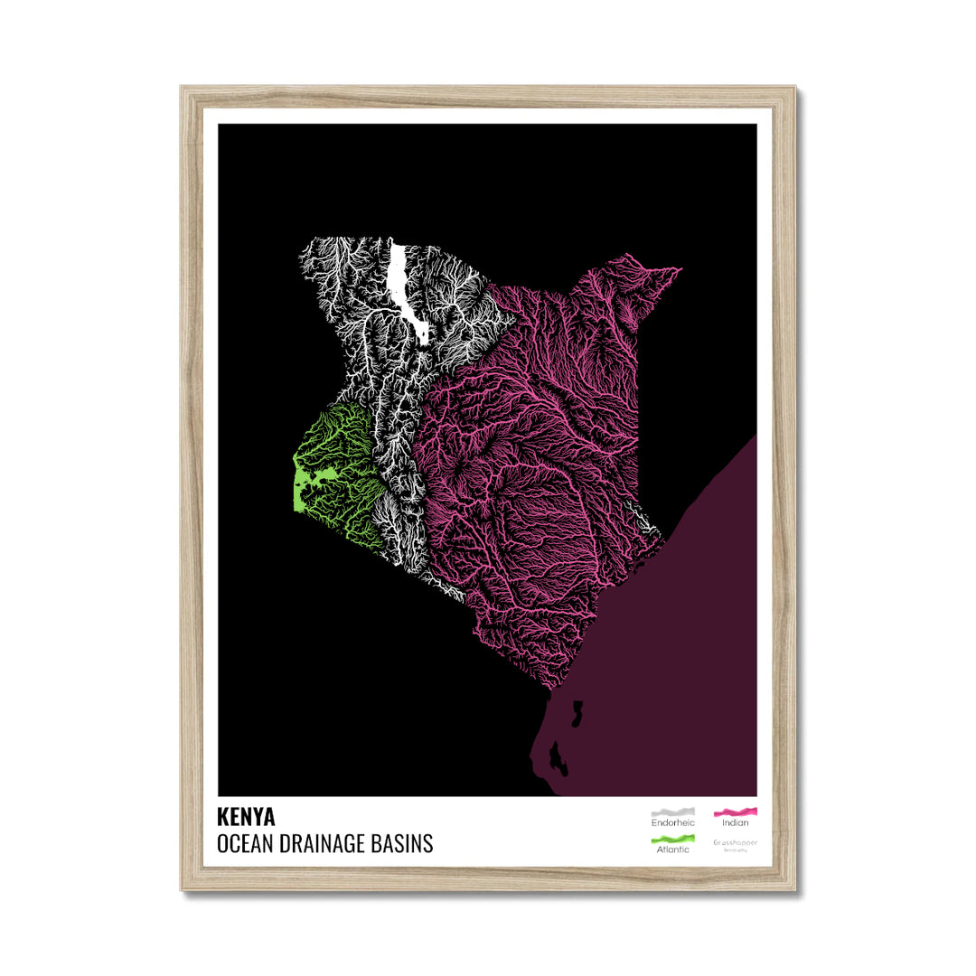 Kenia - Mapa de la cuenca hidrográfica del océano, negro con leyenda v2 - Lámina enmarcada