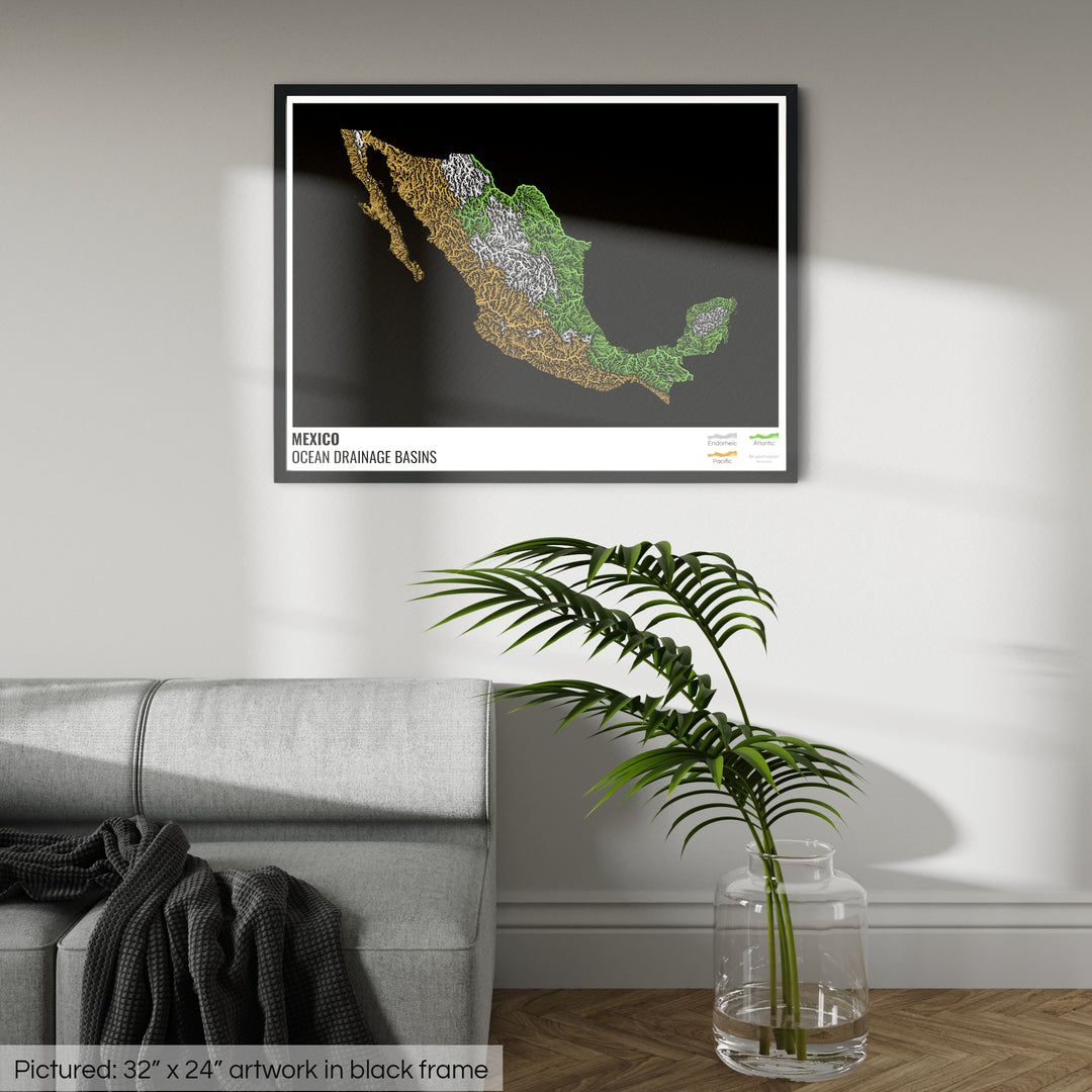 मेक्सिको - महासागर जल निकासी बेसिन मानचित्र, लेजेंड v1 के साथ काला - फ़्रेमयुक्त प्रिंट