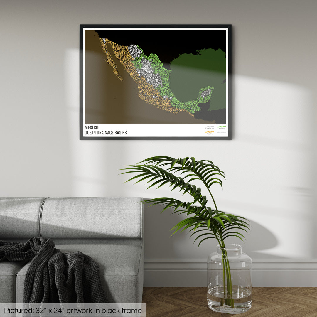 मेक्सिको - महासागर जल निकासी बेसिन मानचित्र, लेजेंड v2 के साथ काला - फ़्रेमयुक्त प्रिंट