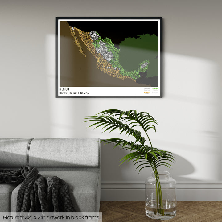 मेक्सिको - महासागर जल निकासी बेसिन मानचित्र, लेजेंड v2 के साथ काला - फ़्रेमयुक्त प्रिंट