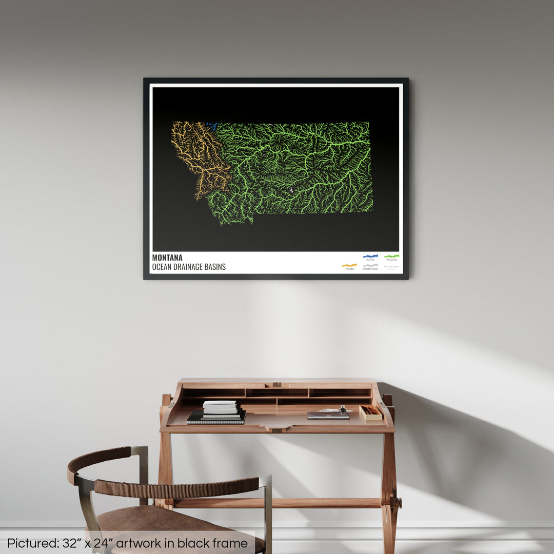 मोंटाना - महासागर जल निकासी बेसिन मानचित्र, लेजेंड v1 के साथ काला - फ़्रेमयुक्त प्रिंट