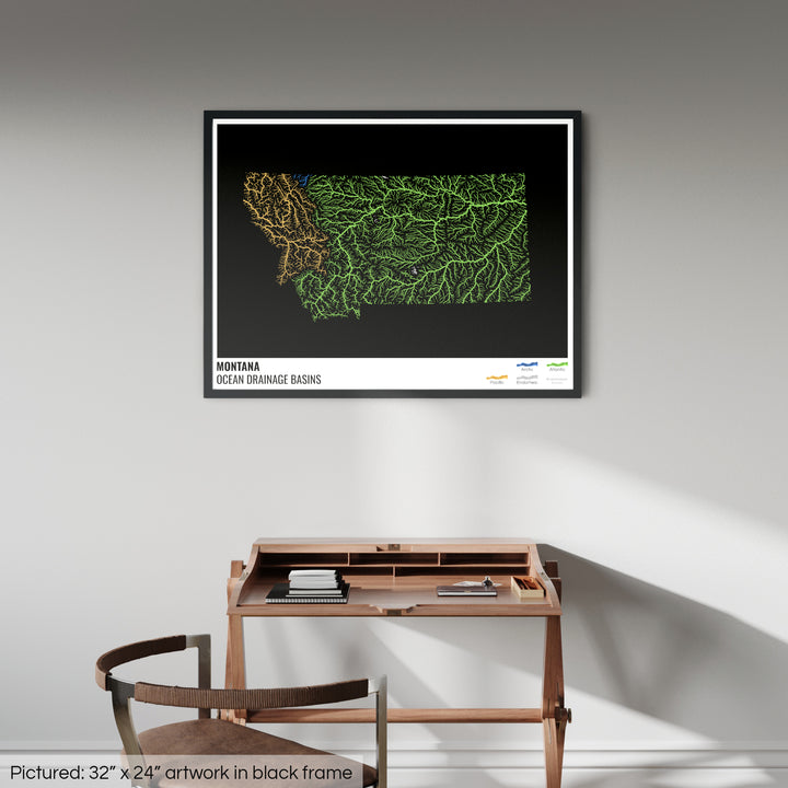मोंटाना - महासागर जल निकासी बेसिन मानचित्र, लेजेंड v1 के साथ काला - फ़्रेमयुक्त प्रिंट