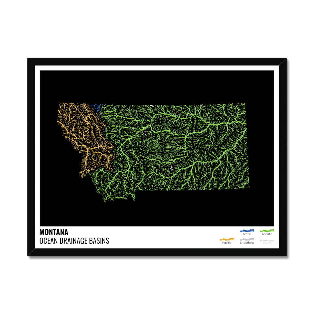 मोंटाना - महासागर जल निकासी बेसिन मानचित्र, लेजेंड v1 के साथ काला - फ़्रेमयुक्त प्रिंट