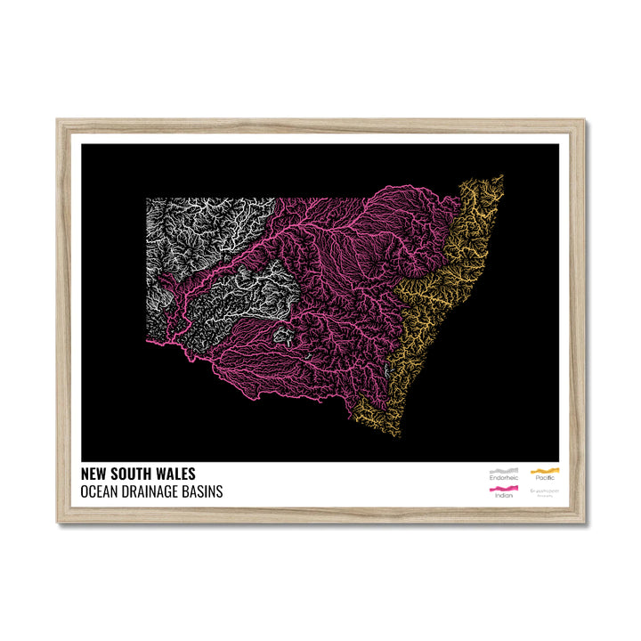 New South Wales - Ocean drainage basin map, black with legend v1 - Framed Print