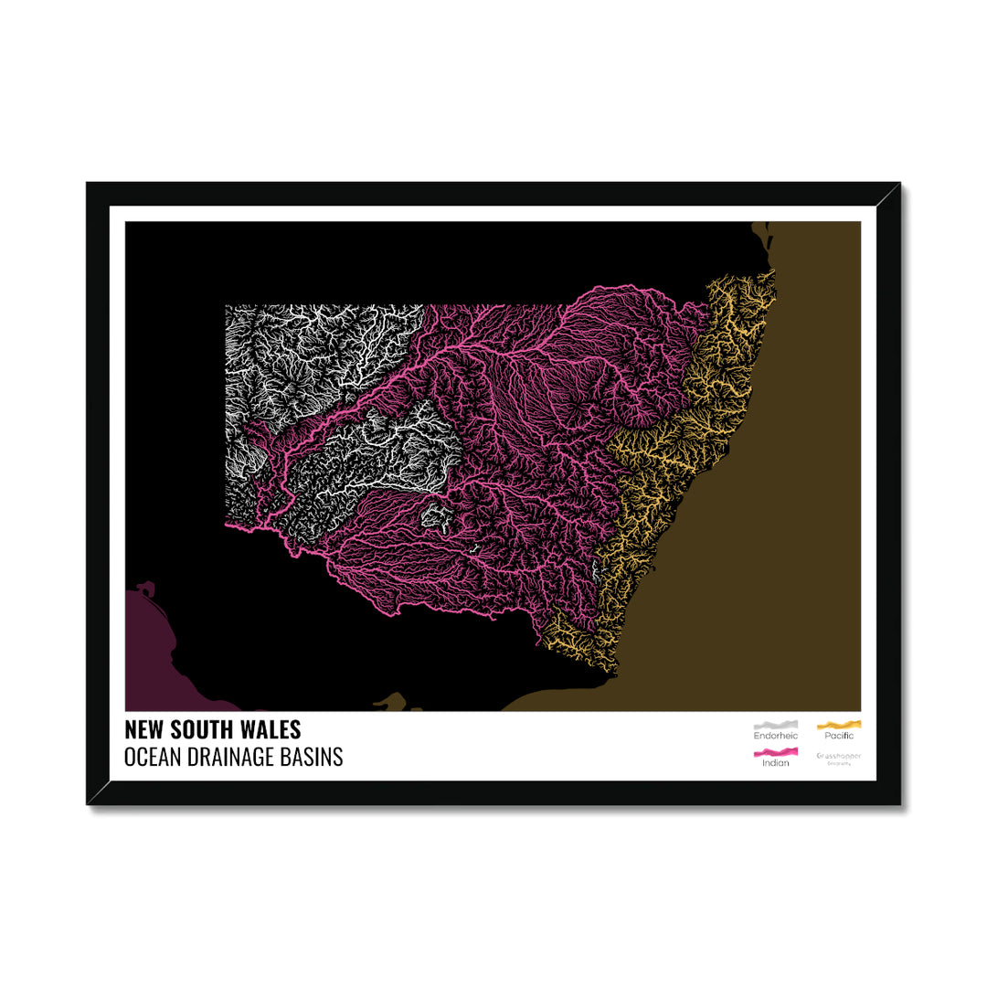 New South Wales - Ocean drainage basin map, black with legend v2 - Framed Print