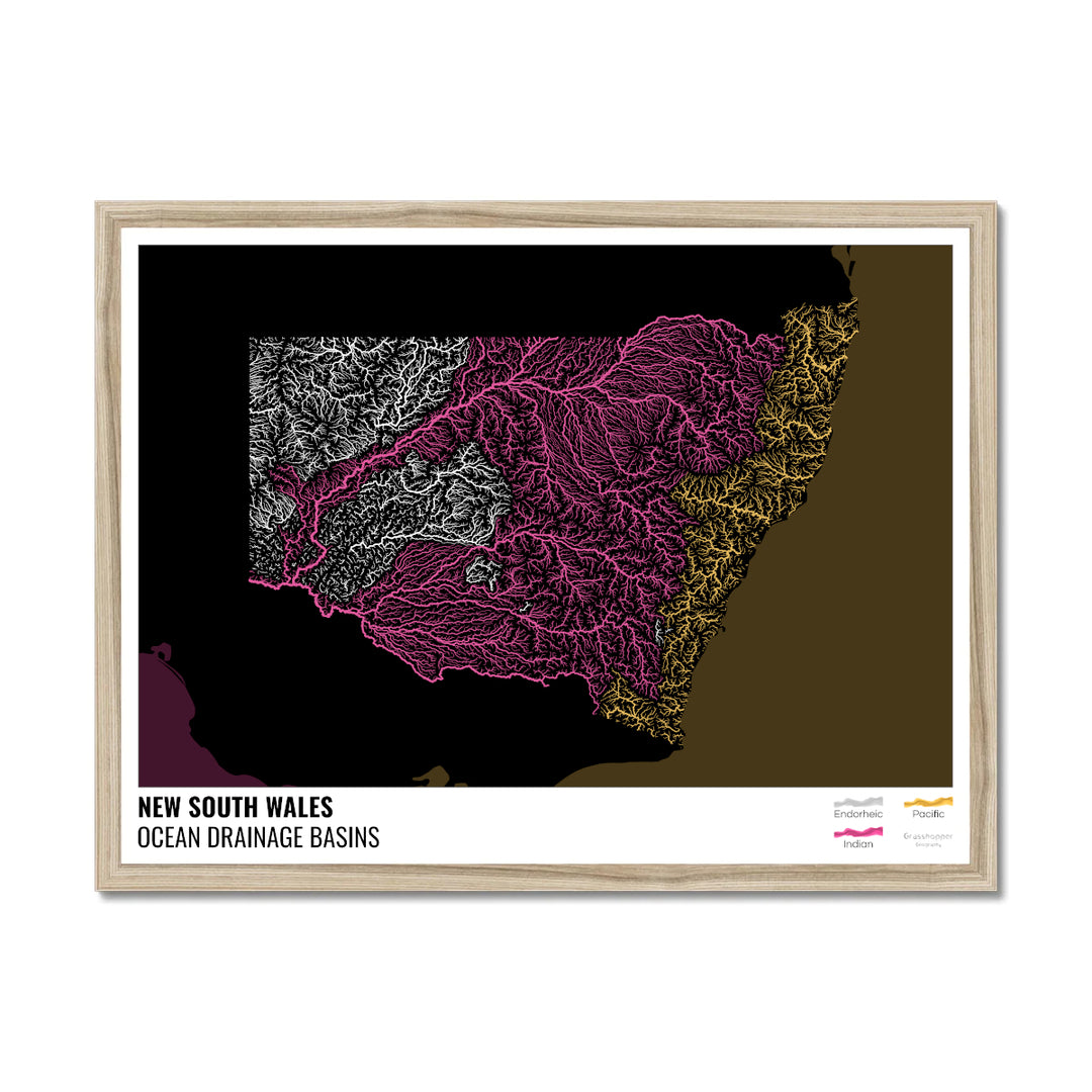 New South Wales - Ocean drainage basin map, black with legend v2 - Framed Print
