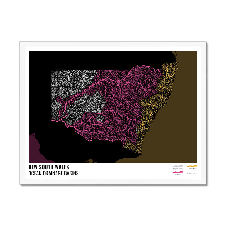 New South Wales - Ocean drainage basin map, black with legend v2 - Framed Print