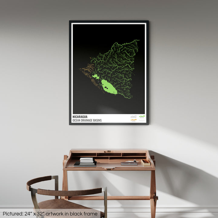 Никарагуа - Карта океанического водосборного бассейна, черная с легендой, версия 1 - Рамочная печать