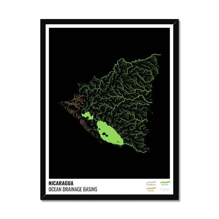 Никарагуа - Карта океанического водосборного бассейна, черная с легендой, версия 1 - Рамочная печать