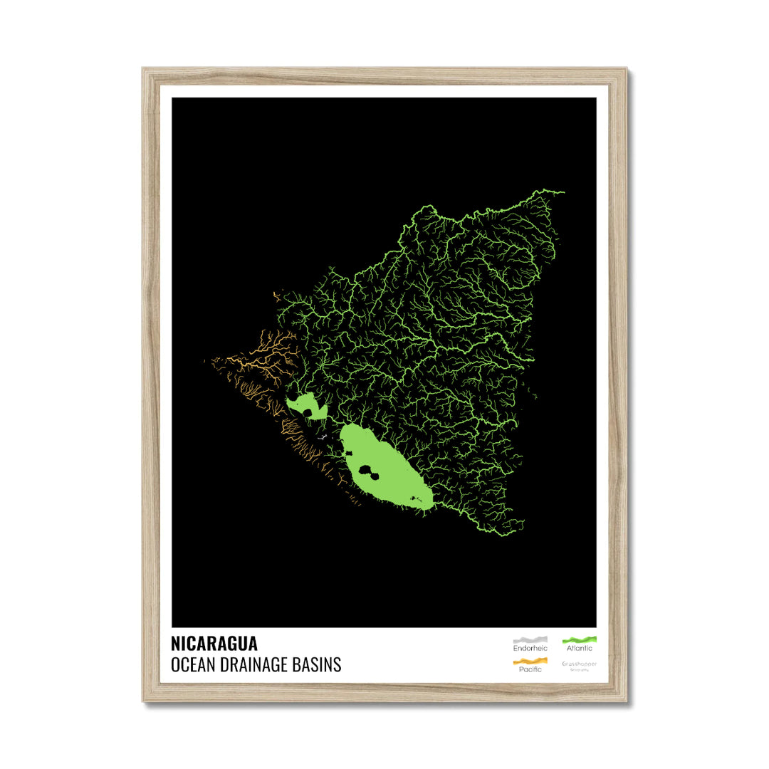 Никарагуа - Карта океанического водосборного бассейна, черная с легендой, версия 1 - Рамочная печать