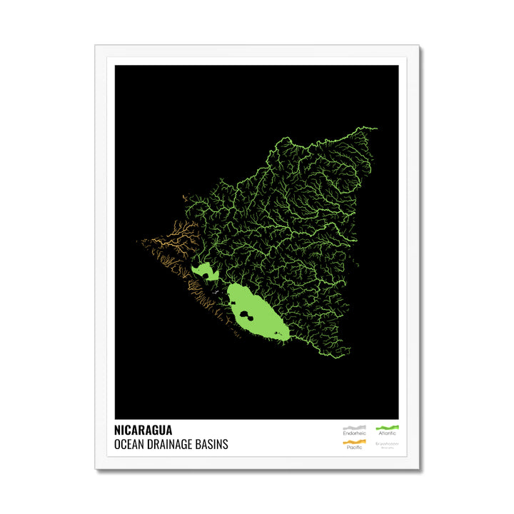 Никарагуа - Карта океанического водосборного бассейна, черная с легендой, версия 1 - Рамочная печать