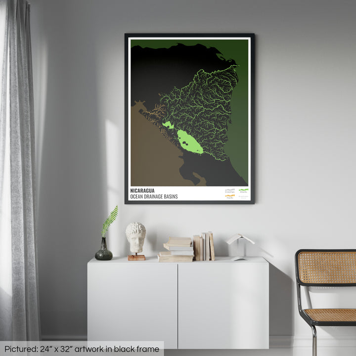 निकारागुआ - महासागर जल निकासी बेसिन मानचित्र, लेजेंड v2 के साथ काला - फ़्रेमयुक्त प्रिंट