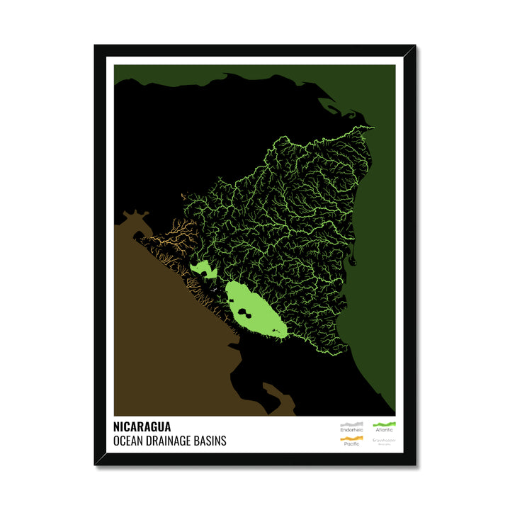 निकारागुआ - महासागर जल निकासी बेसिन मानचित्र, लेजेंड v2 के साथ काला - फ़्रेमयुक्त प्रिंट
