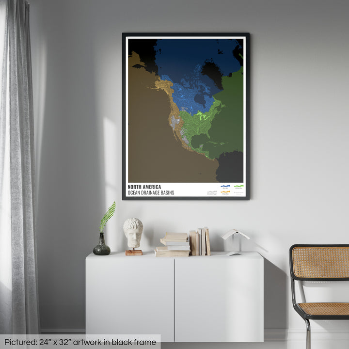 América del Norte - Mapa de la cuenca hidrográfica del océano, negro con leyenda v2 - Lámina enmarcada