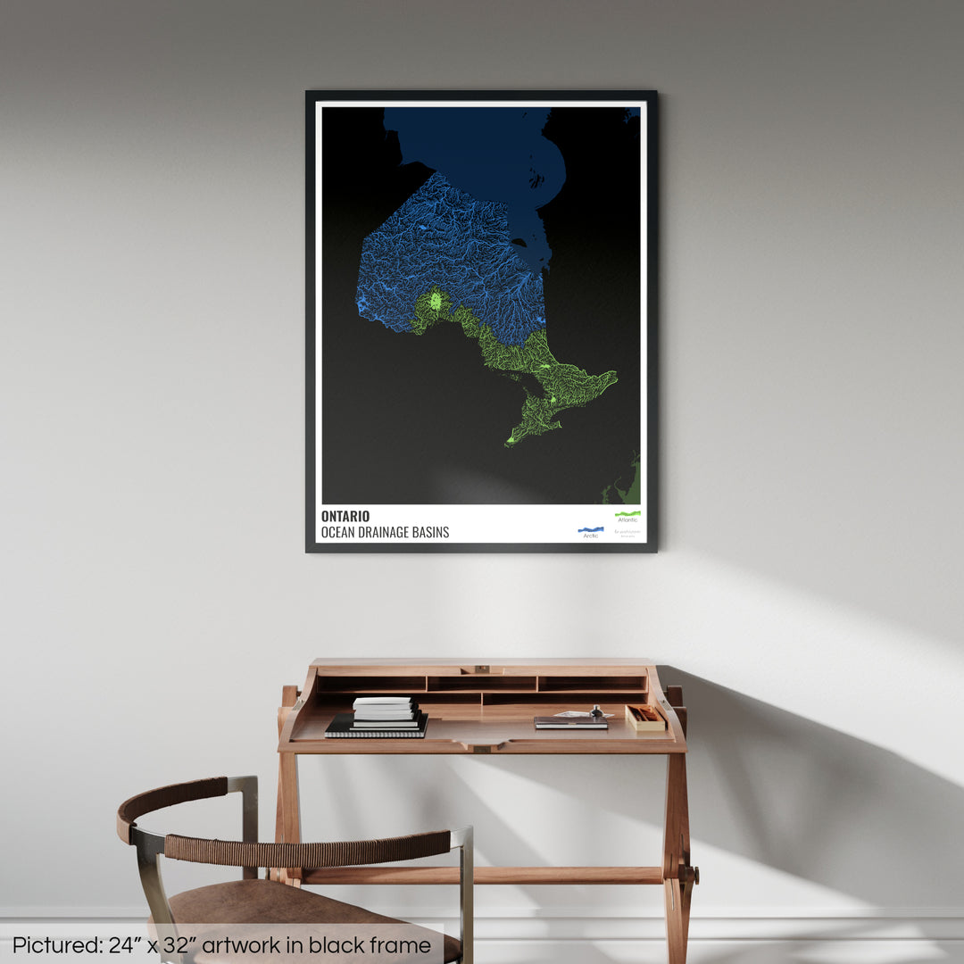 Ontario - Ocean drainage basin map, black with legend v2 - Framed Print