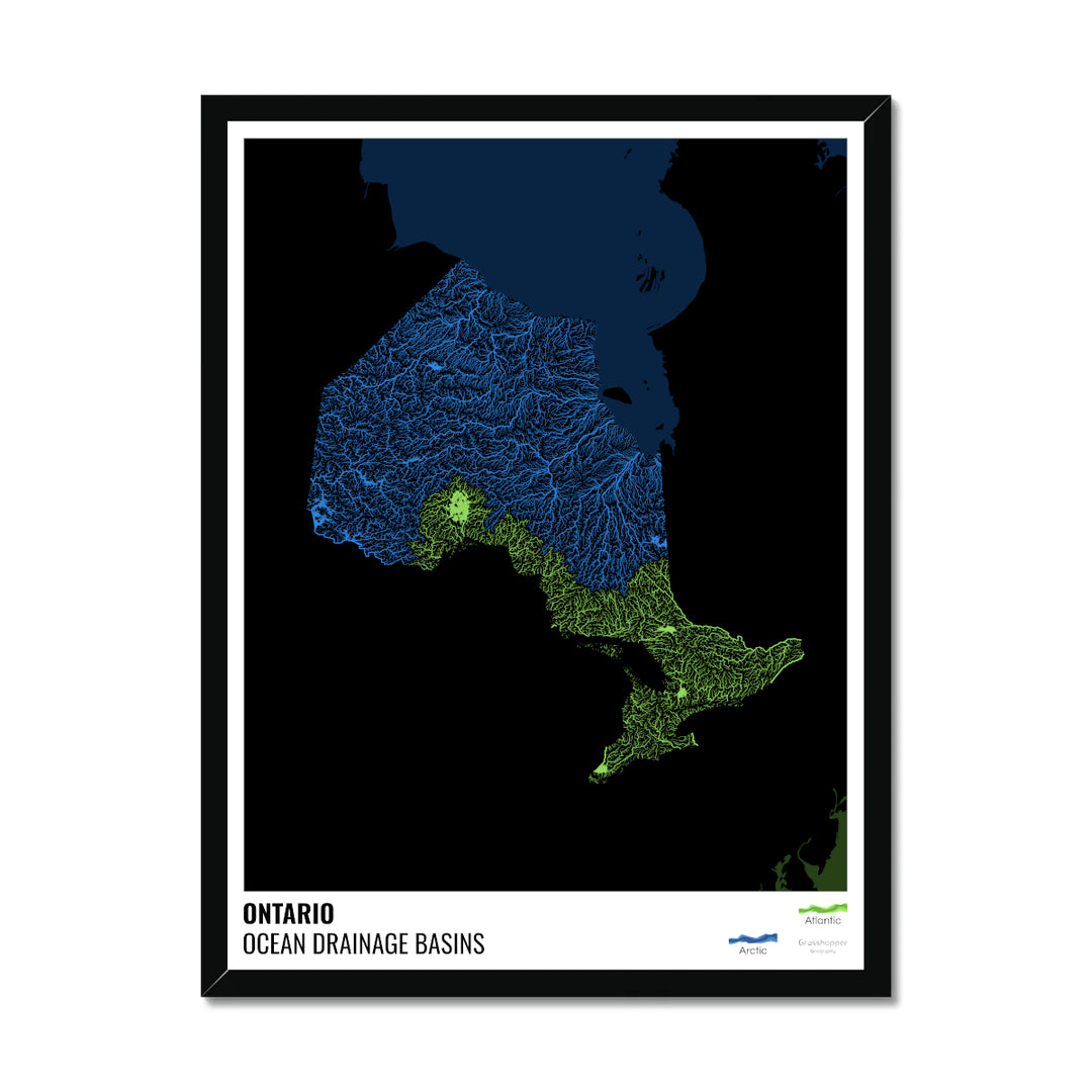 Ontario - Ocean drainage basin map, black with legend v2 - Framed Print