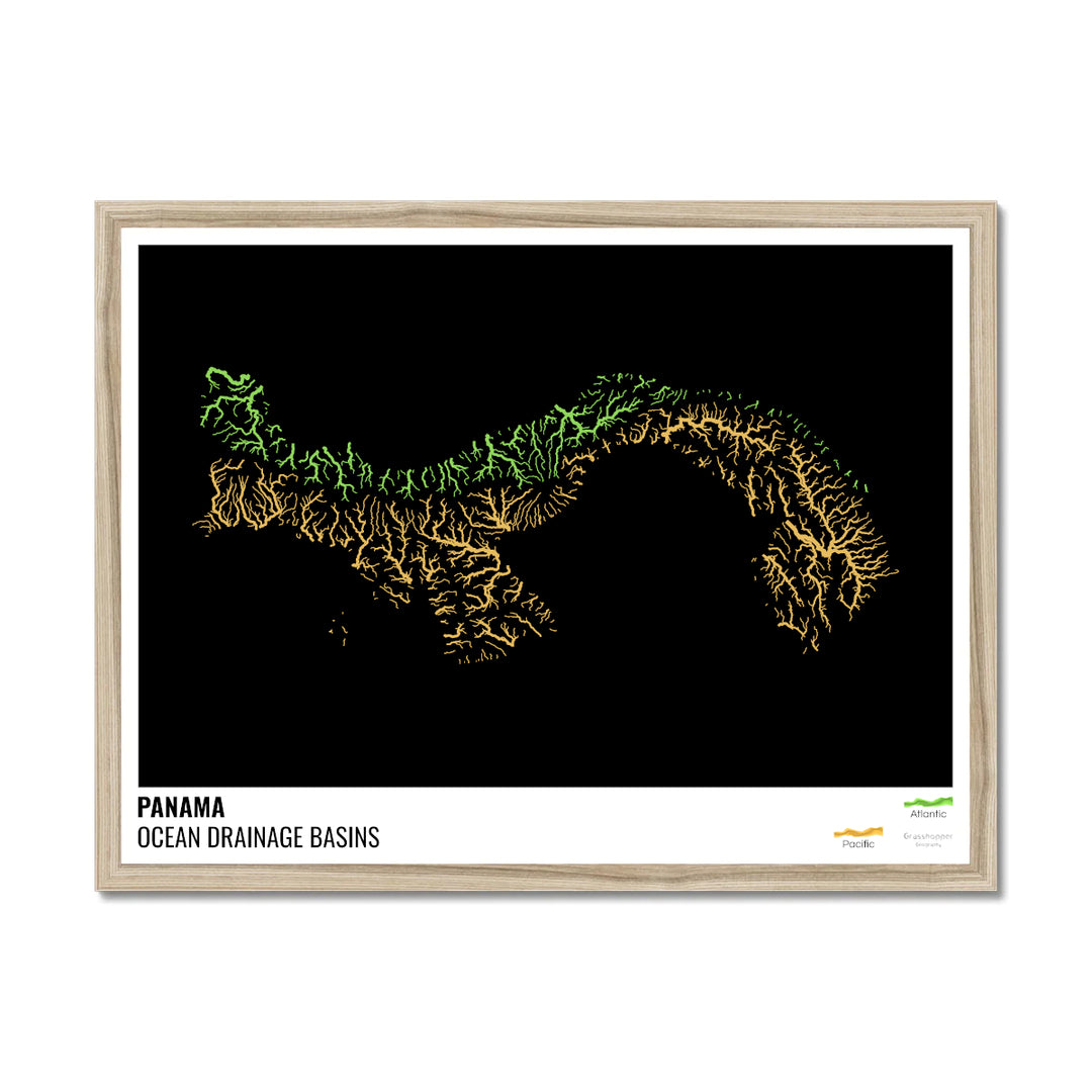 Панама - Карта океанического водосборного бассейна, черная с легендой, версия 1 - Рамочная печать