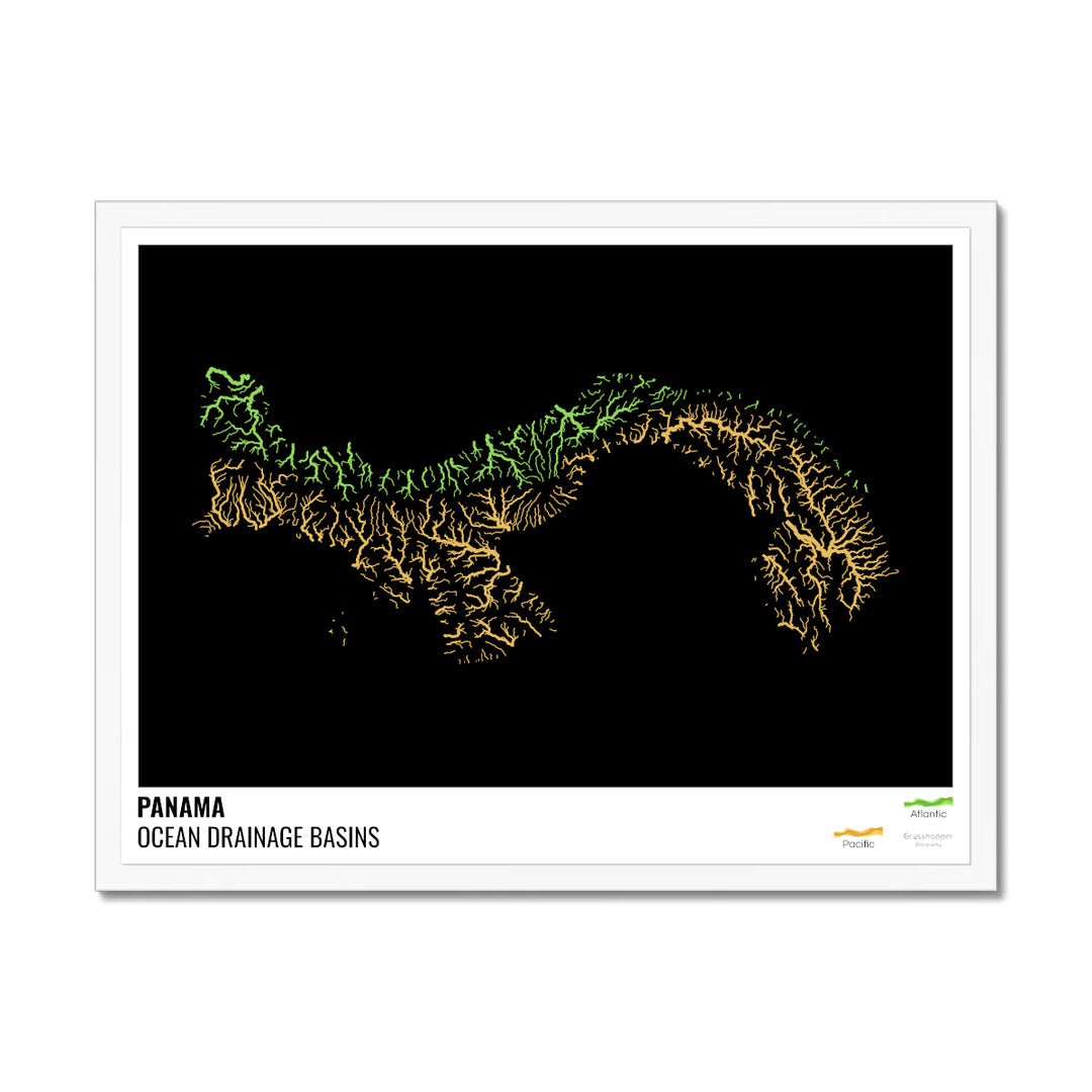 Панама - Карта океанического водосборного бассейна, черная с легендой, версия 1 - Рамочная печать