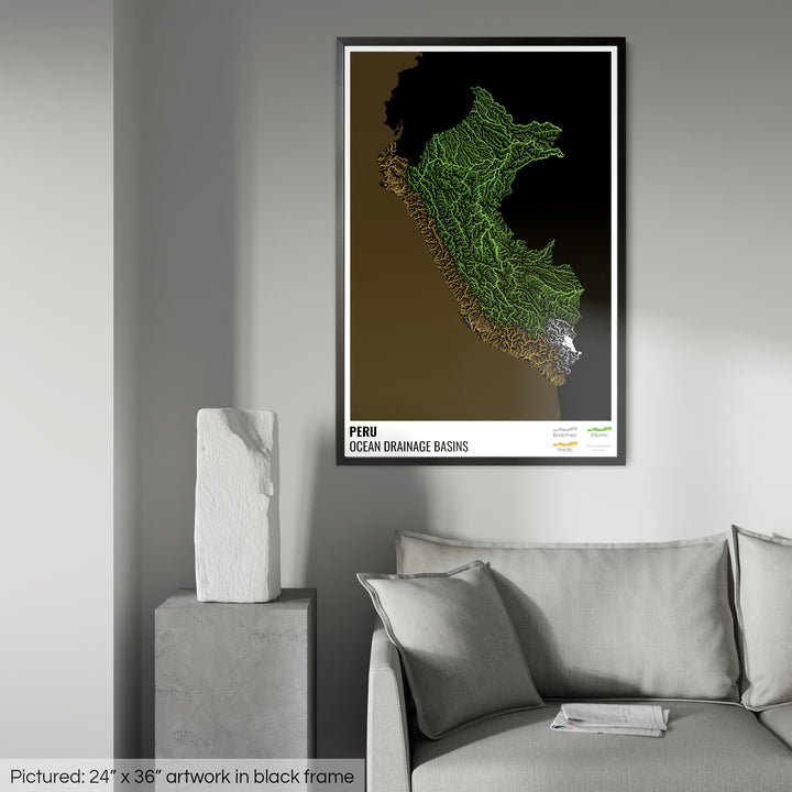Perú - Mapa de la cuenca hidrográfica del océano, negro con leyenda v2 - Lámina enmarcada
