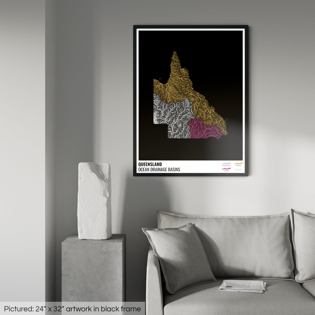Queensland - Ocean drainage basin map, black with legend v1 - Framed Print