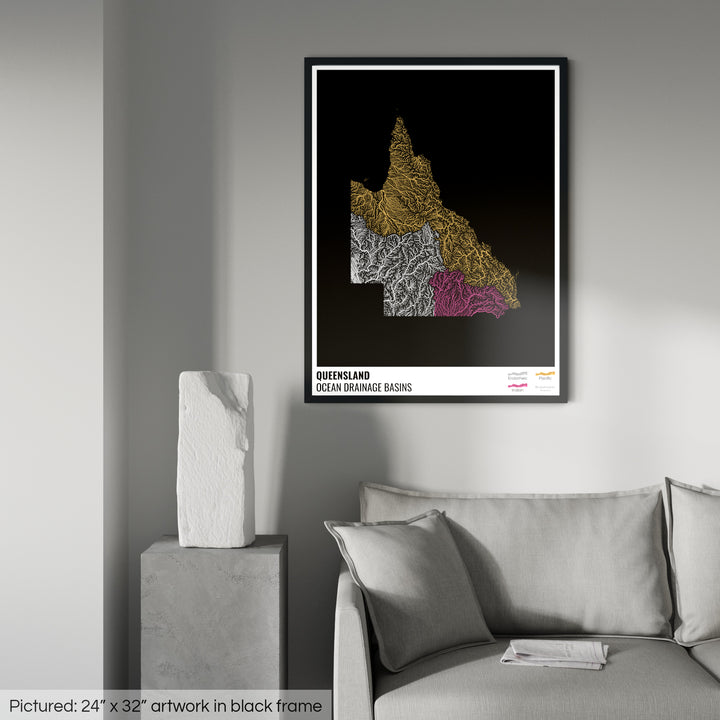 Queensland - Ocean drainage basin map, black with legend v1 - Framed Print