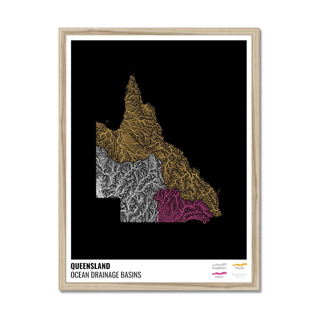Queensland - Ocean drainage basin map, black with legend v1 - Framed Print