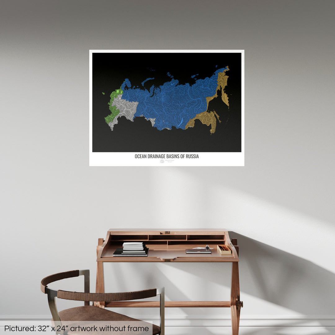 Russia - Ocean drainage basin map, black v1 - Fine Art Print