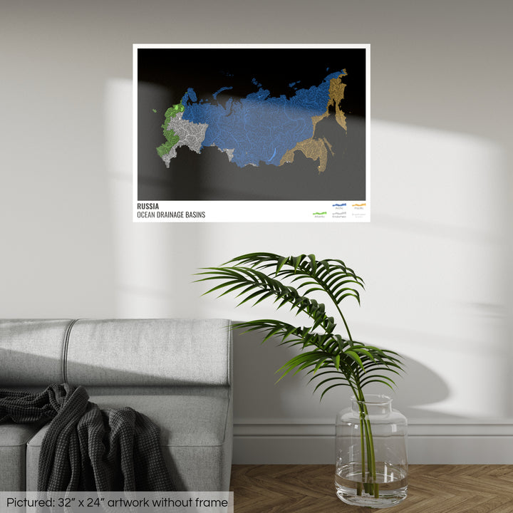 Russia - Ocean drainage basin map, black with legend v1 - Fine Art Print