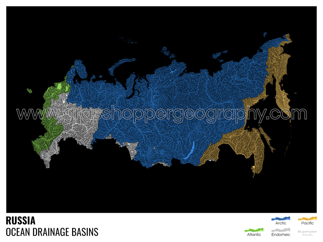 Russia - Ocean drainage basin map, black with legend v1 - Photo Art Print