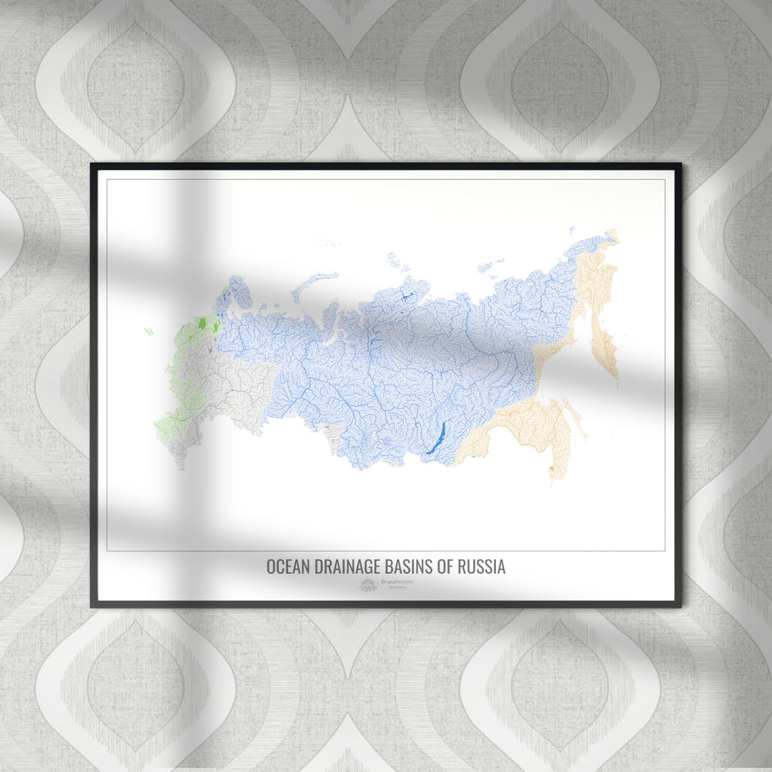 Russia - Ocean drainage basin map, white v1 - Fine Art Print