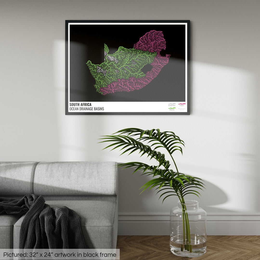 दक्षिण अफ़्रीका - महासागर जल निकासी बेसिन मानचित्र, लेजेंड v1 के साथ काला - फ़्रेमयुक्त प्रिंट
