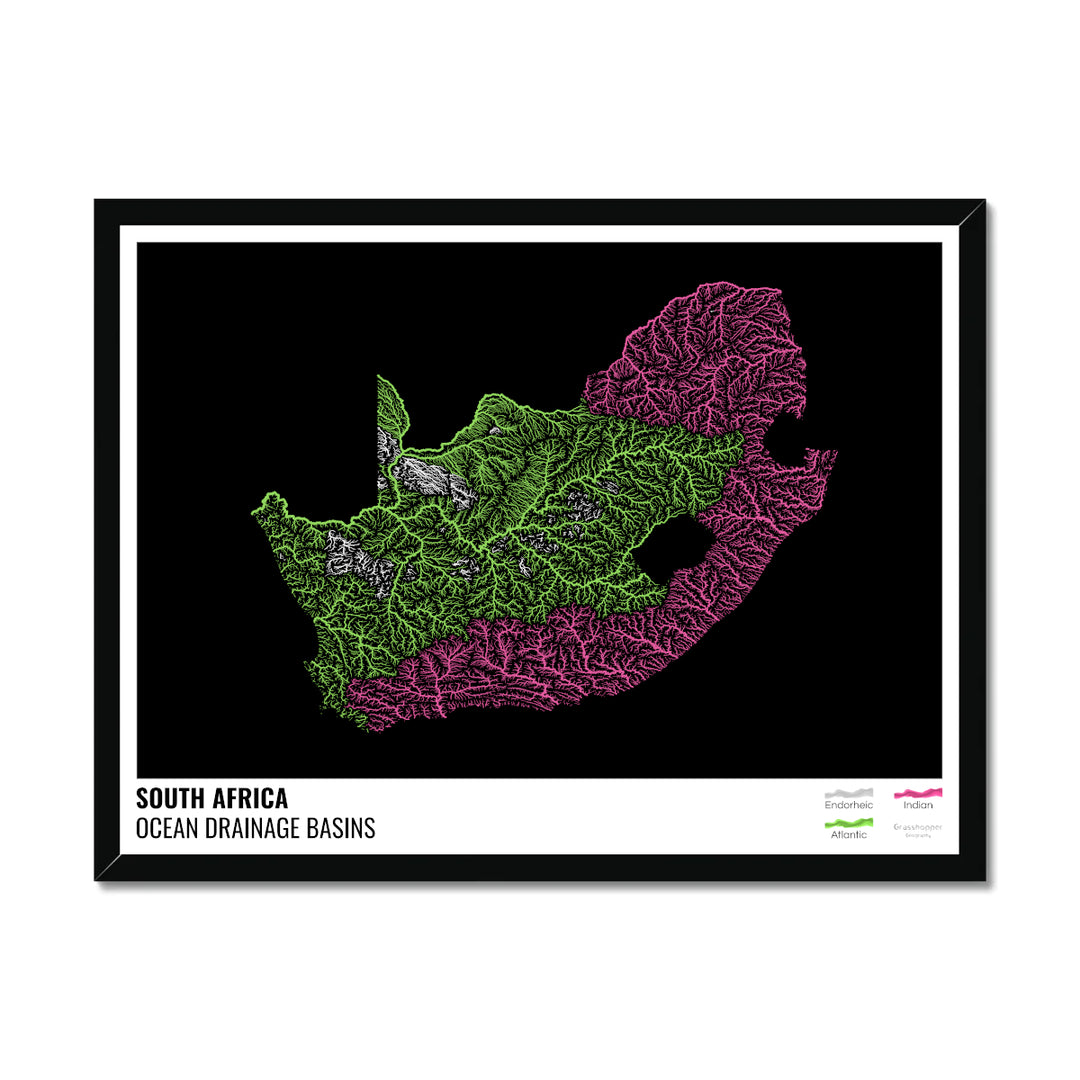 दक्षिण अफ़्रीका - महासागर जल निकासी बेसिन मानचित्र, लेजेंड v1 के साथ काला - फ़्रेमयुक्त प्रिंट