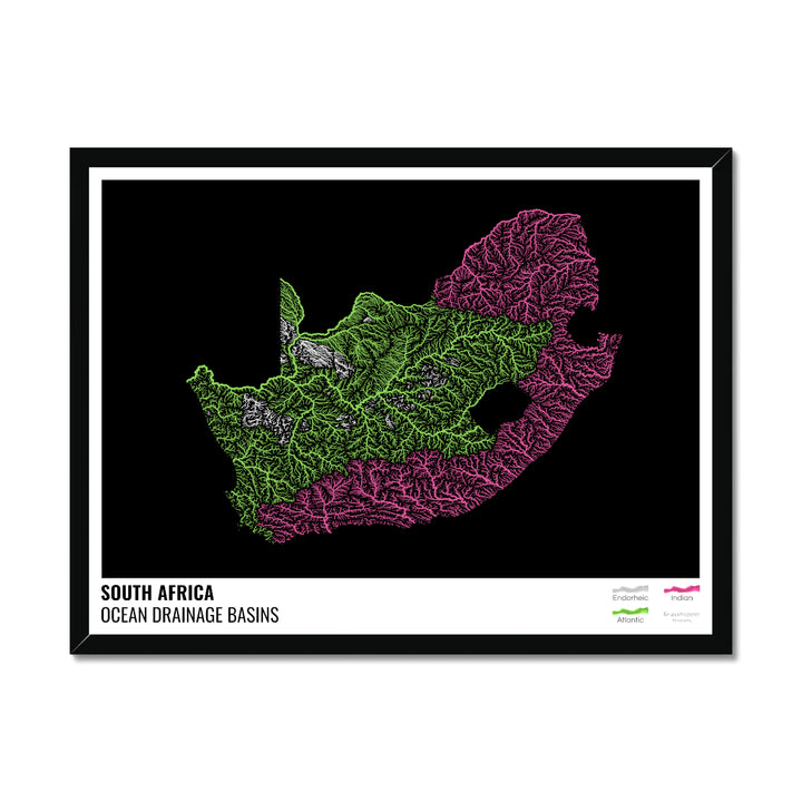 दक्षिण अफ़्रीका - महासागर जल निकासी बेसिन मानचित्र, लेजेंड v1 के साथ काला - फ़्रेमयुक्त प्रिंट