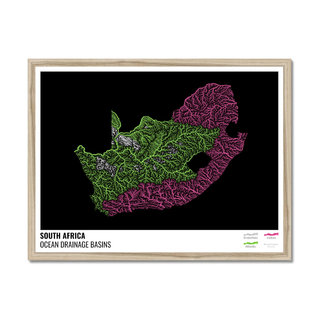 दक्षिण अफ़्रीका - महासागर जल निकासी बेसिन मानचित्र, लेजेंड v1 के साथ काला - फ़्रेमयुक्त प्रिंट