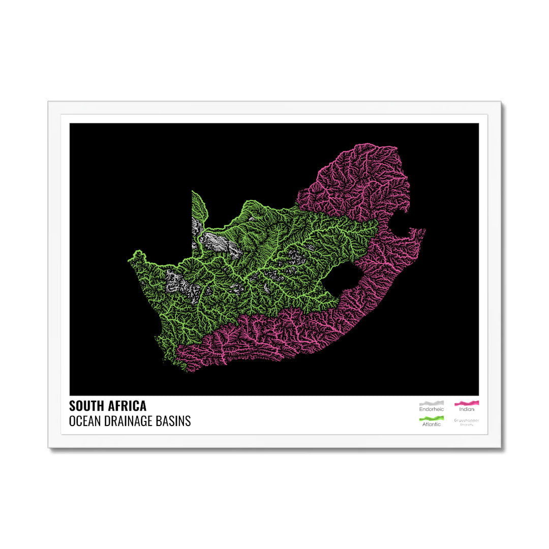 दक्षिण अफ़्रीका - महासागर जल निकासी बेसिन मानचित्र, लेजेंड v1 के साथ काला - फ़्रेमयुक्त प्रिंट