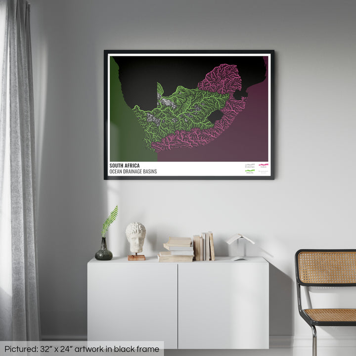 दक्षिण अफ़्रीका - महासागर जल निकासी बेसिन मानचित्र, लेजेंड v2 के साथ काला - फ़्रेमयुक्त प्रिंट