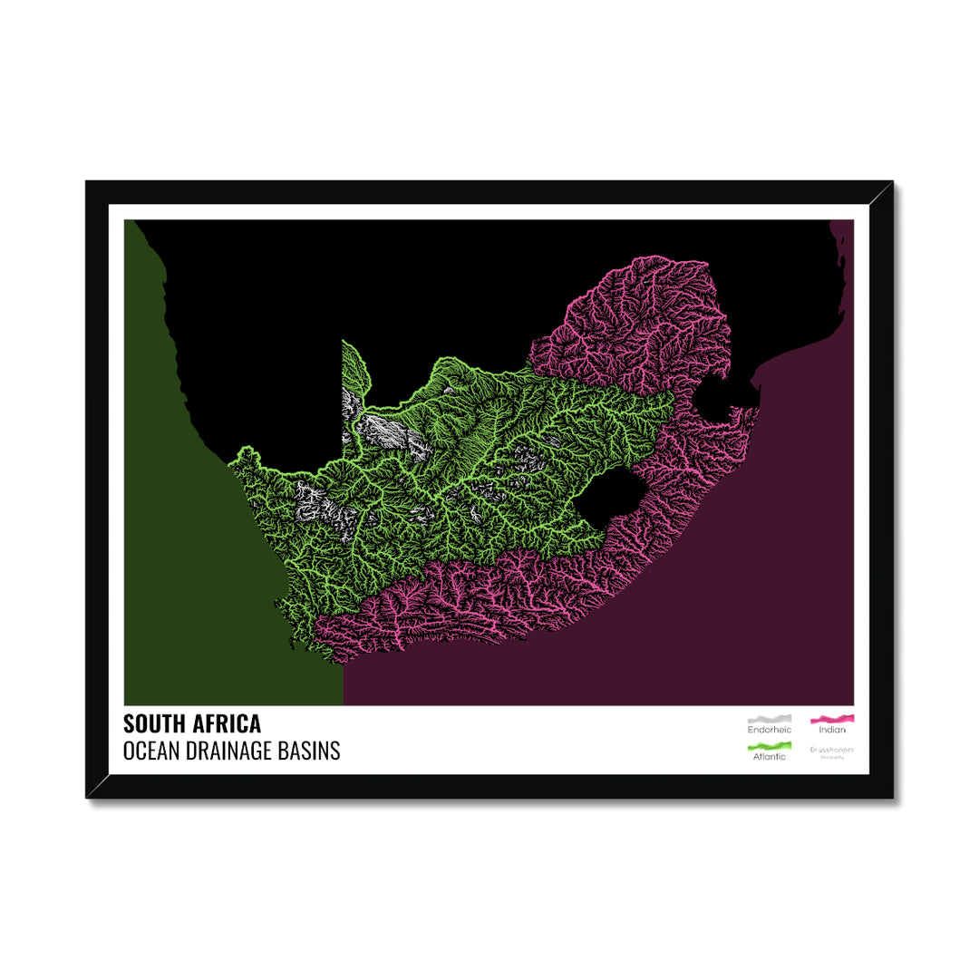दक्षिण अफ़्रीका - महासागर जल निकासी बेसिन मानचित्र, लेजेंड v2 के साथ काला - फ़्रेमयुक्त प्रिंट