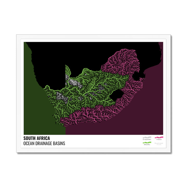 दक्षिण अफ़्रीका - महासागर जल निकासी बेसिन मानचित्र, लेजेंड v2 के साथ काला - फ़्रेमयुक्त प्रिंट