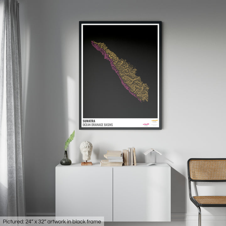 सुमात्रा - महासागर जल निकासी बेसिन मानचित्र, लेजेंड v1 के साथ काला - फ़्रेमयुक्त प्रिंट