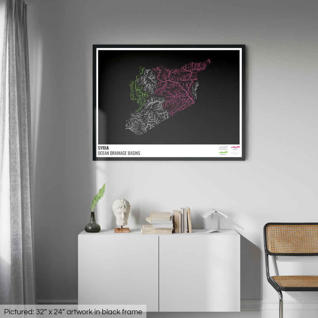 सीरिया - महासागर जल निकासी बेसिन मानचित्र, लेजेंड v1 के साथ काला - फ़्रेमयुक्त प्रिंट