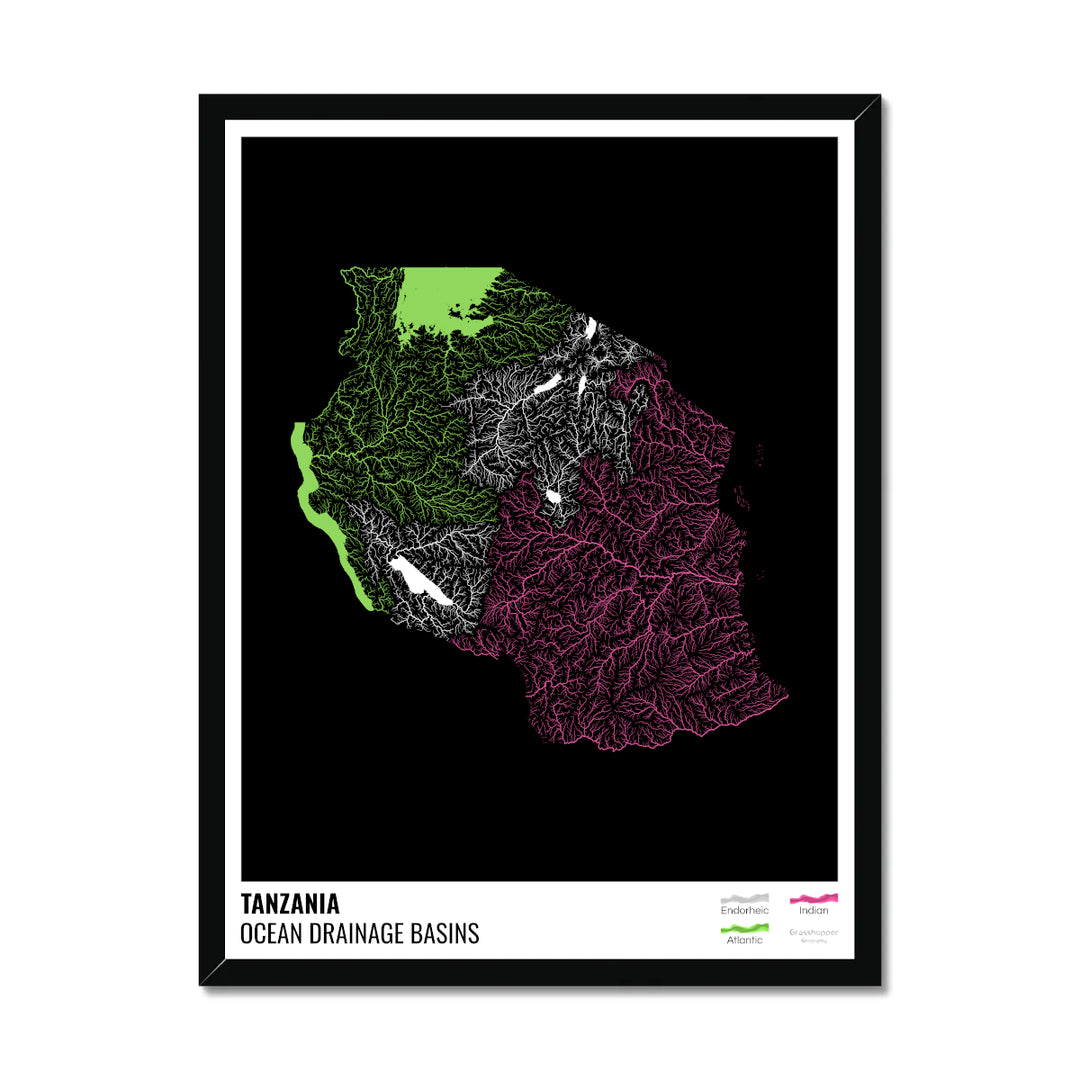 तंजानिया - महासागर जल निकासी बेसिन मानचित्र, लेजेंड v1 के साथ काला - फ़्रेमयुक्त प्रिंट