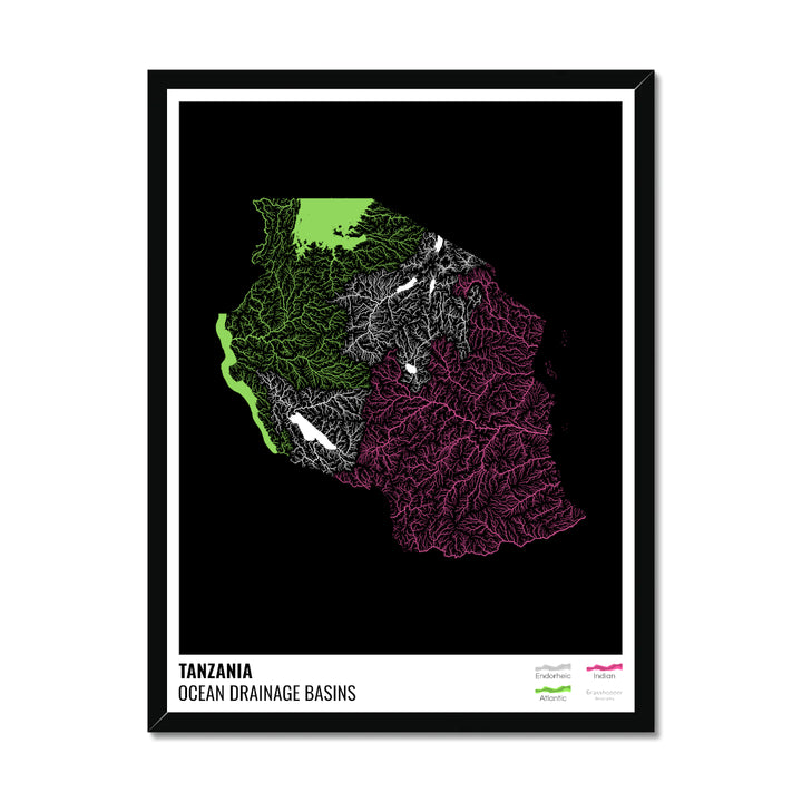 तंजानिया - महासागर जल निकासी बेसिन मानचित्र, लेजेंड v1 के साथ काला - फ़्रेमयुक्त प्रिंट