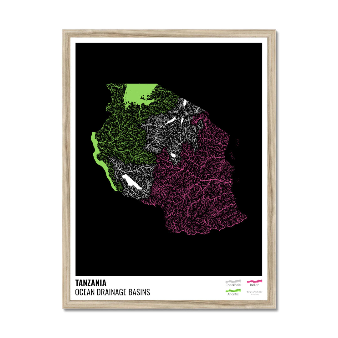 तंजानिया - महासागर जल निकासी बेसिन मानचित्र, लेजेंड v1 के साथ काला - फ़्रेमयुक्त प्रिंट