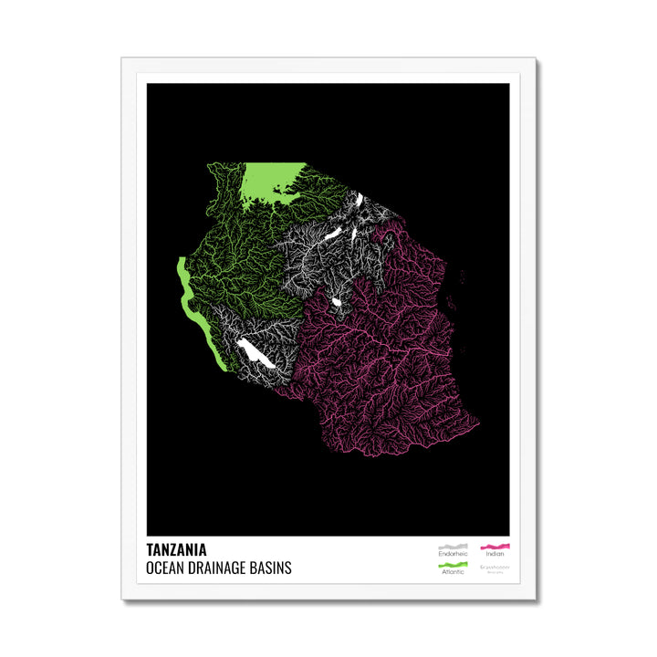 तंजानिया - महासागर जल निकासी बेसिन मानचित्र, लेजेंड v1 के साथ काला - फ़्रेमयुक्त प्रिंट