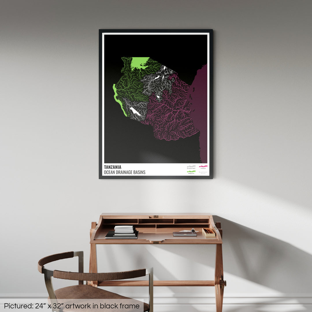 Танзания - Карта океанического водосборного бассейна, черная с легендой, версия 2 - Рамочная печать